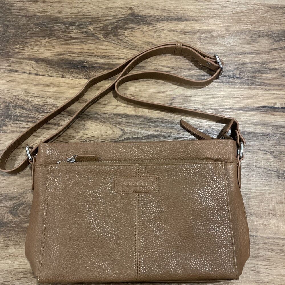 MANCINI Loretta pebbled leather organizer pockets women's crossbody bag -Brown